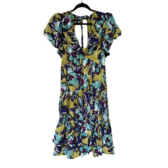 Anthropologie Puff Sleeve Tiered Midi Dress Green Blue Floral Statement Size L - Picture 10 of 10